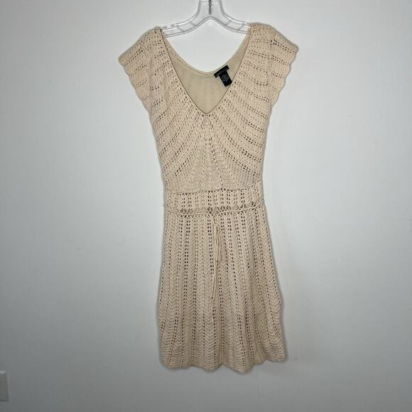 Moda International Crochet Dress Womens Medium Cream Knit Festival Y2K Vtg Boho - Picture 2 of 12